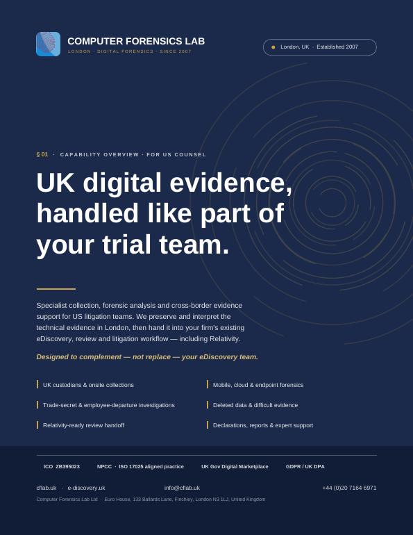 Cover of the UK digital forensics support for US litigation teams brochure