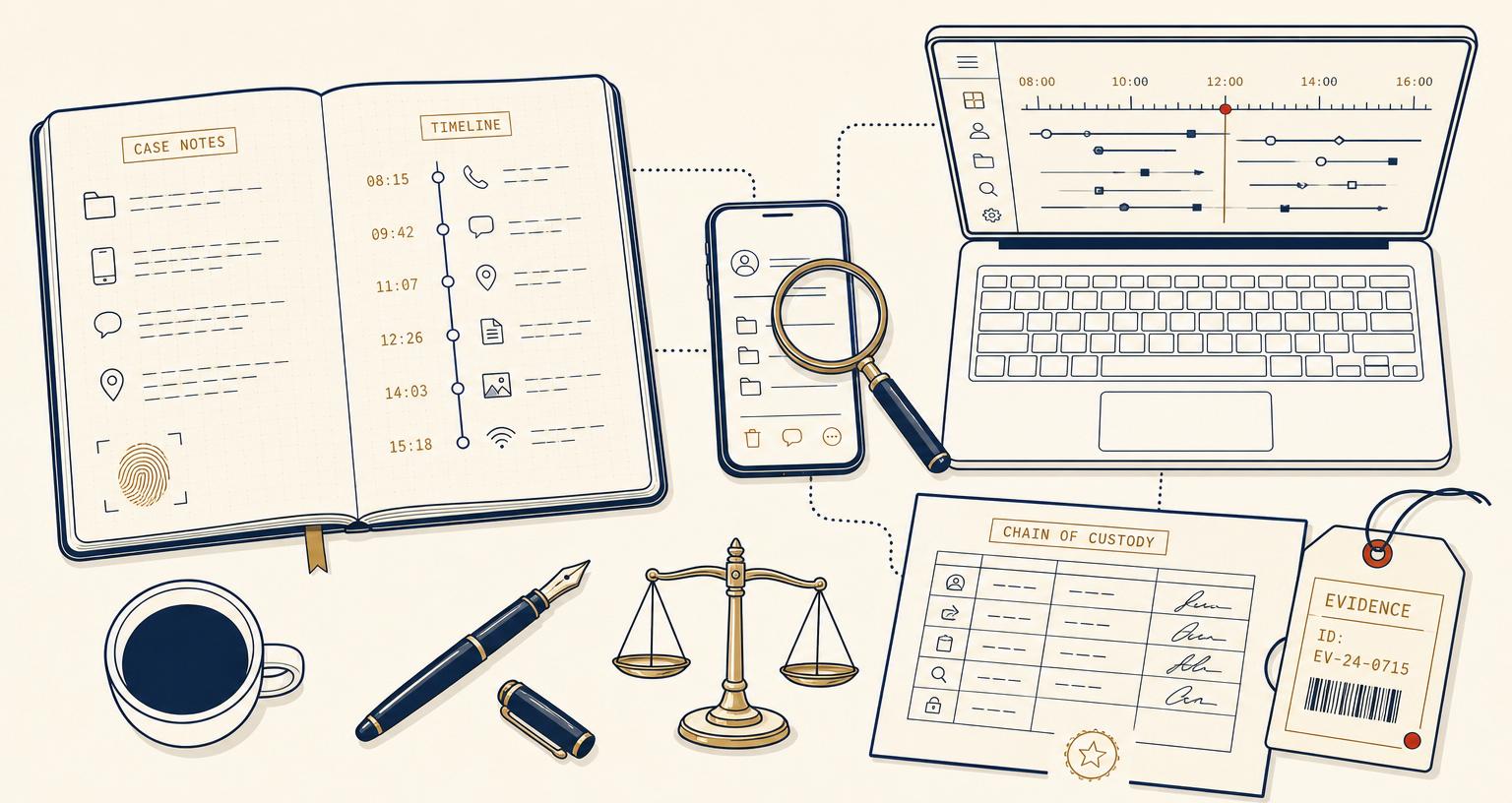A forensic practitioner's desk: case notes, timeline, mobile phone under a magnifying glass, laptop, chain-of-custody form and evidence tag.