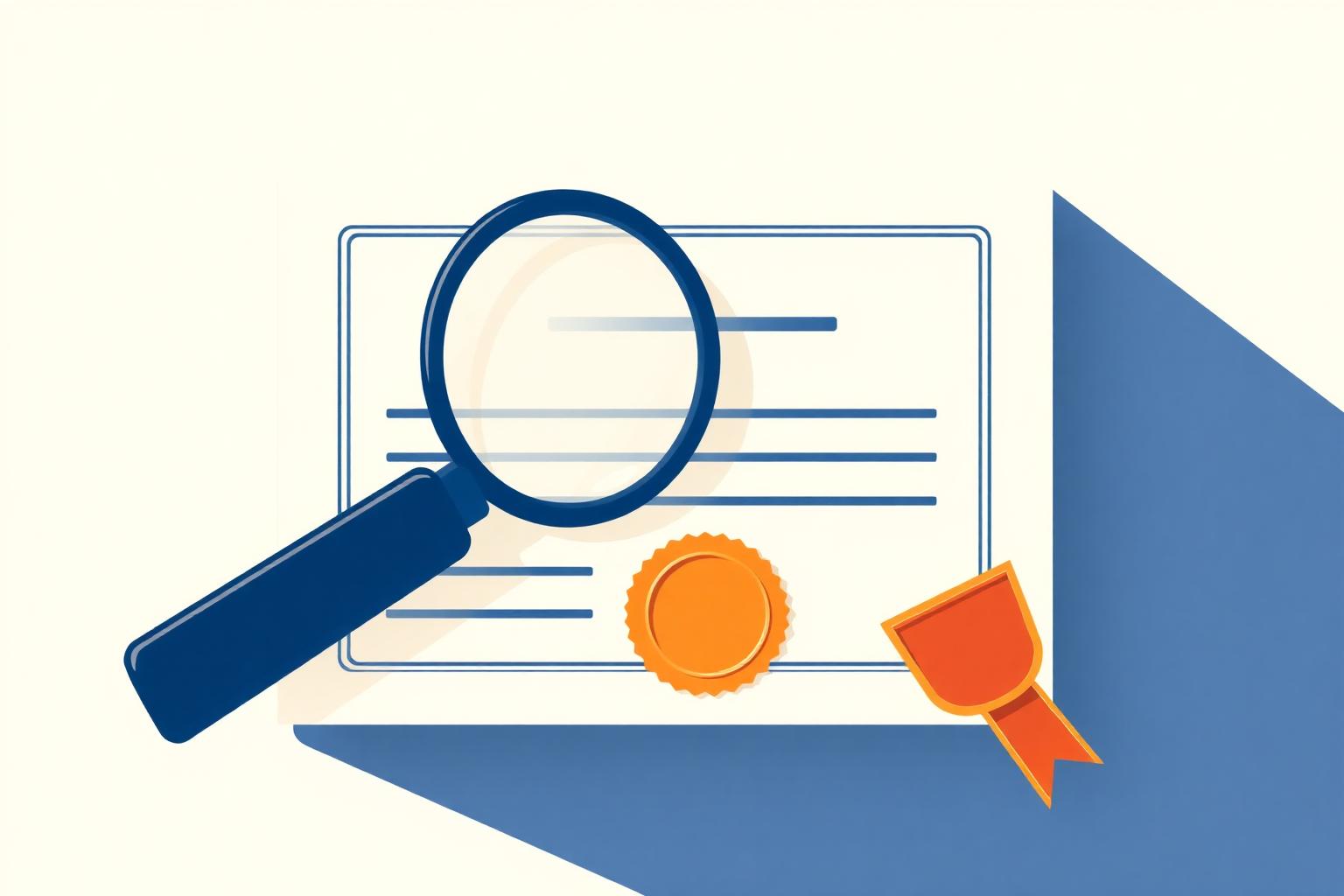 Choosing a digital forensics company — checklist with magnifier, accreditation rosette and laboratory beaker.