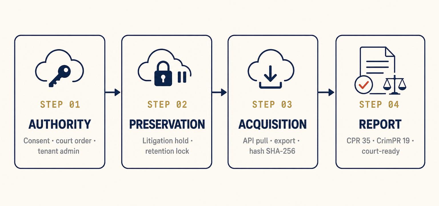 Four-stage cloud forensics method: Authority, Preservation, Acquisition, Report.