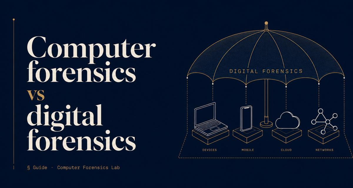 Diagram: digital forensics umbrella covering computer, mobile, cloud and network branches.