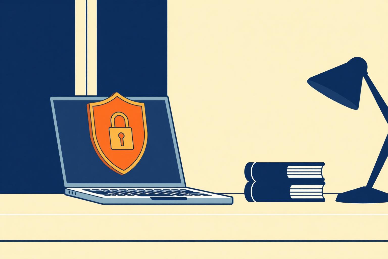 Cybersecurity for UK solicitors — scales of justice on a laptop with shield, lock and phishing email icons.