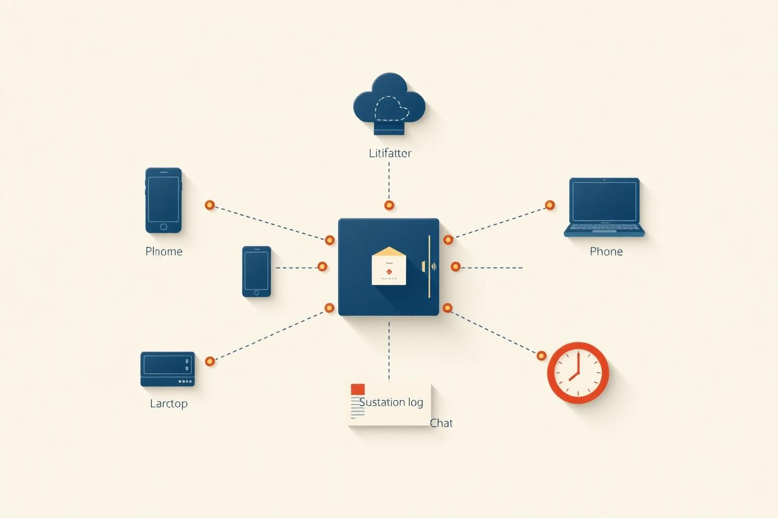 Editorial infographic: a central archive vault linked by dotted lines through a litigation-hold gate to labelled source nodes for cloud tenant, phone, laptop, SaaS and chat, with a paused clock and a custody log.