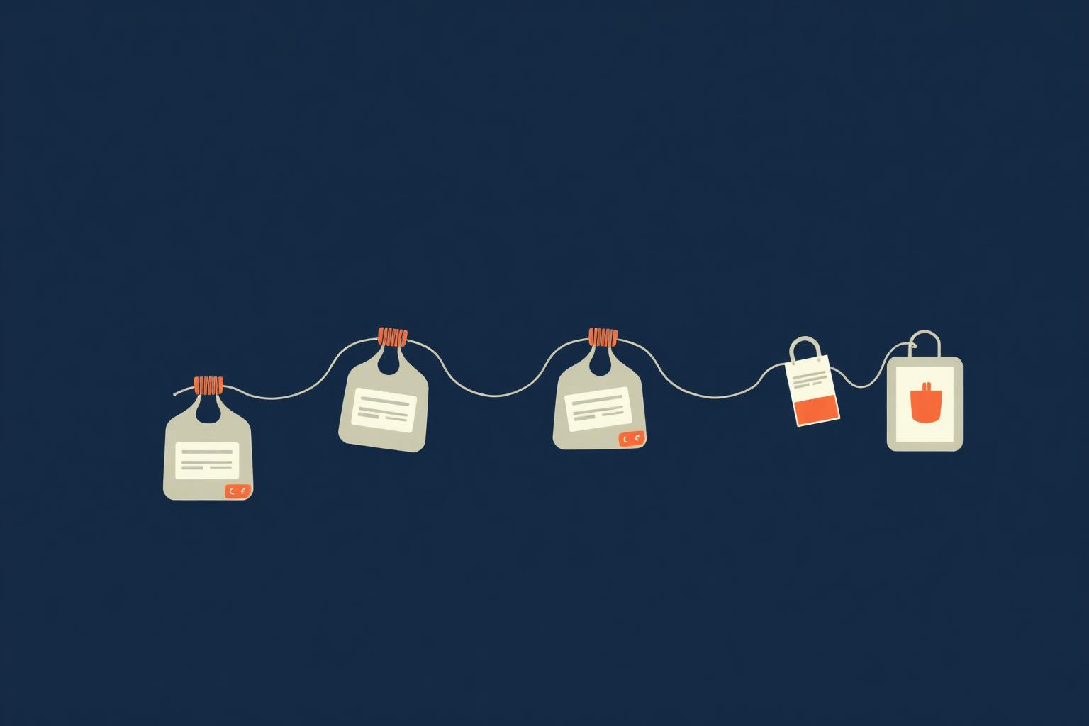 Flat-vector illustration: a chain of sealed evidence bags with timestamps and signatures representing chain of custody.