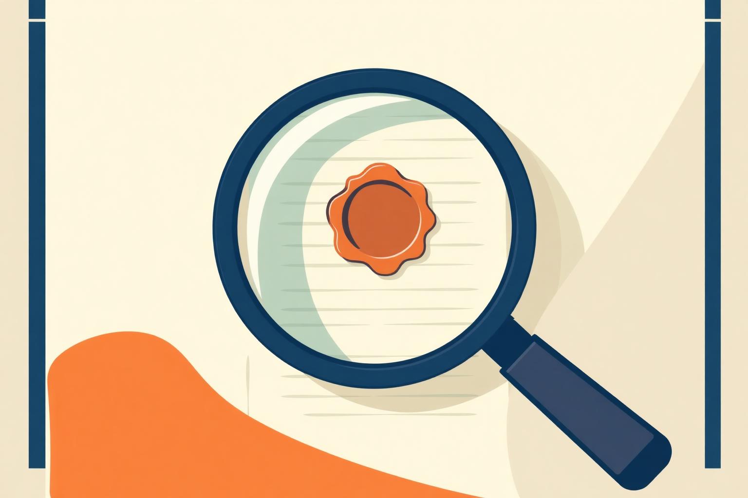 Document authenticity examination — magnifier revealing hidden revision history and timestamp metadata on a document.
