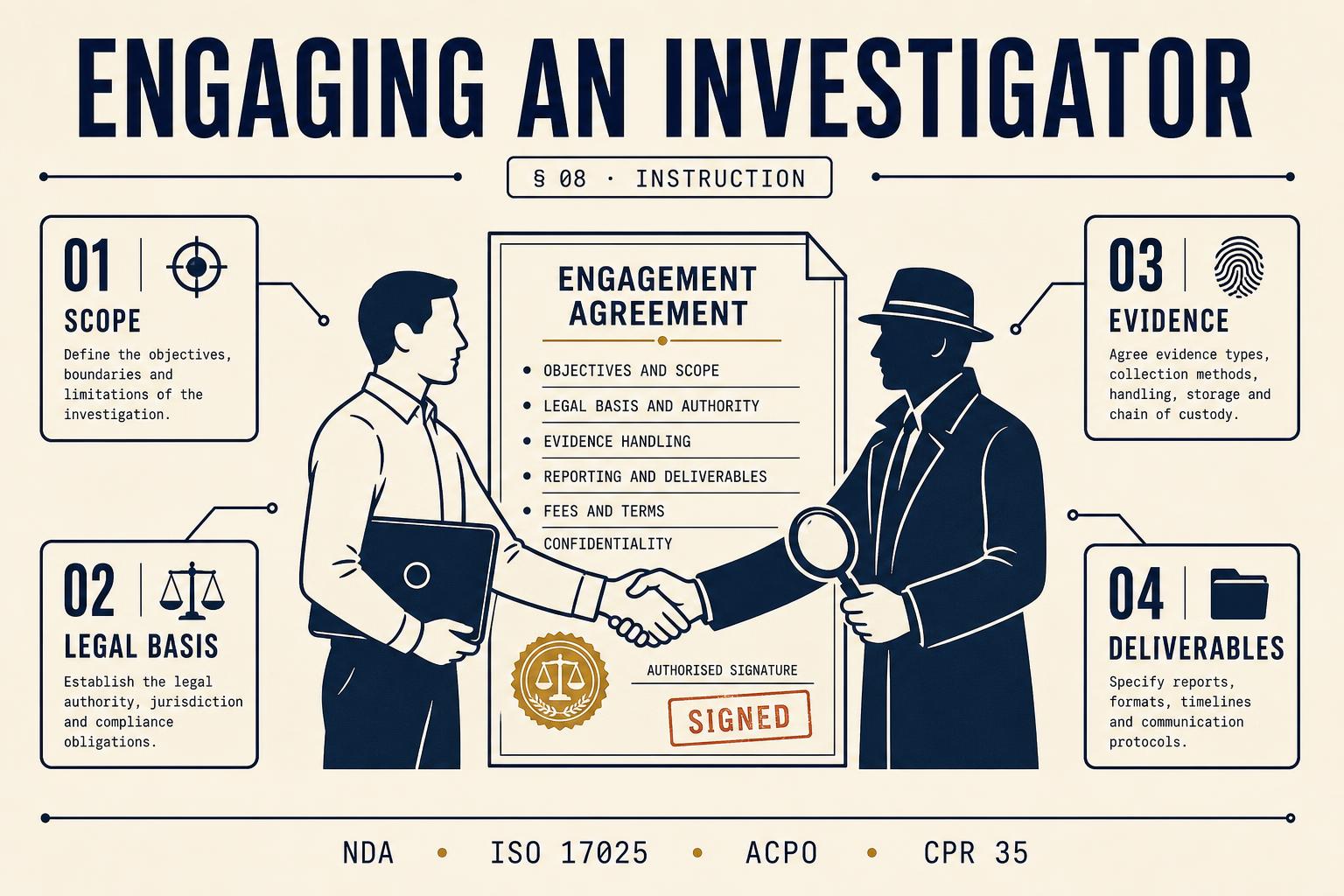 Editorial infographic: client and forensic investigator shaking hands over an engagement agreement listing scope, legal basis, evidence handling, deliverables and confidentiality.