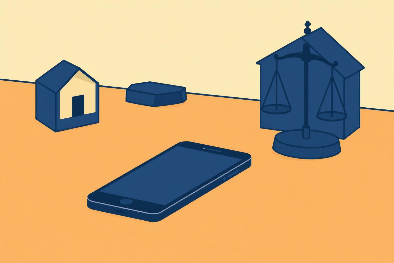 Family Court phone evidence — smartphone with chat bubble under a magnifier, scales of justice, screenshot marked not-evidence.