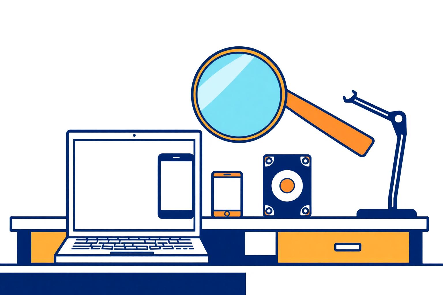 Editorial infographic: three seized devices tagged with numbered evidence labels on a bench, a magnifying glass over one of them, a stopwatch, and a decision-tree branching to full examination or no further action.