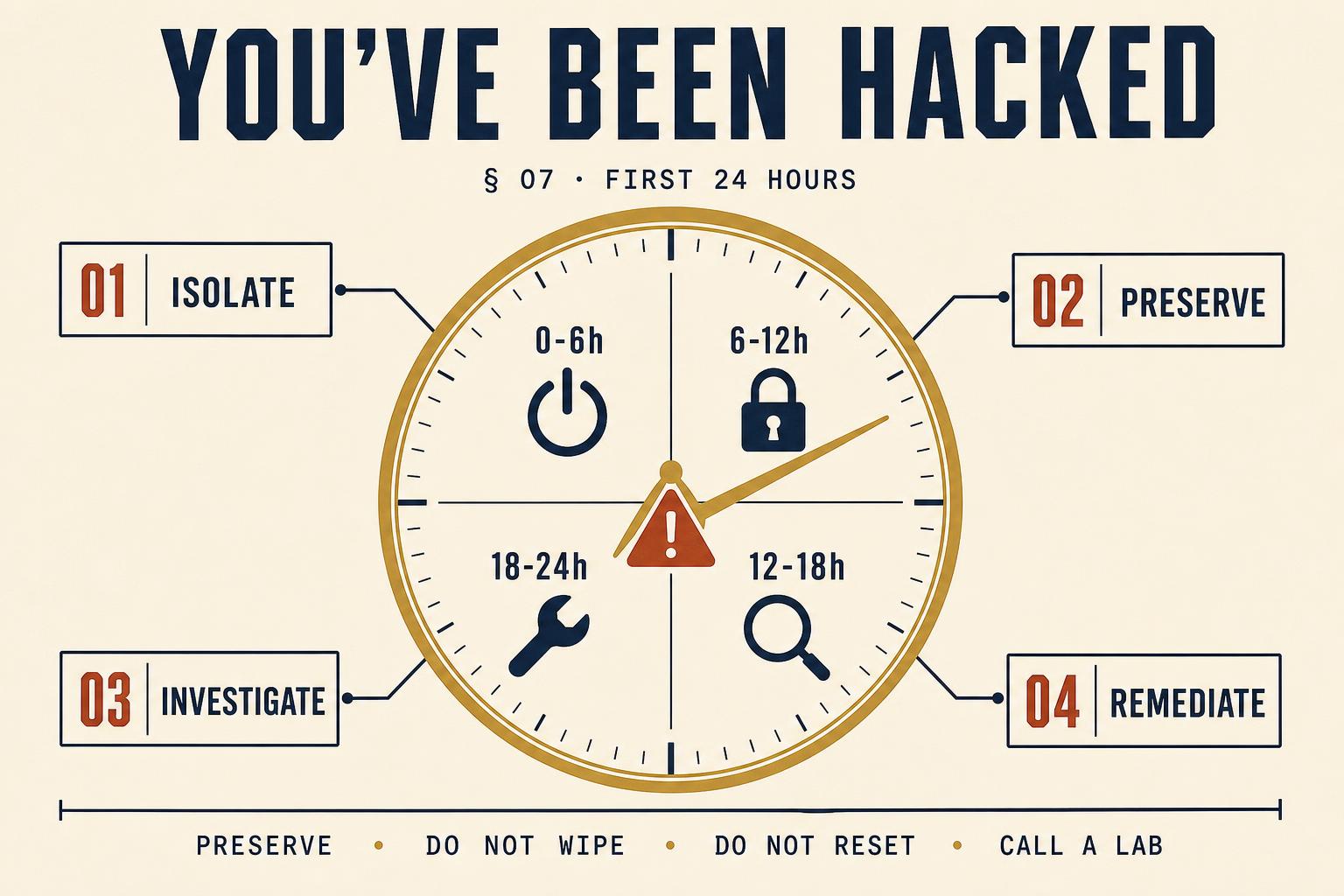 Editorial infographic: 24-hour clock face split into four quadrants — isolate, preserve, investigate, remediate — with a red alert triangle at the centre.