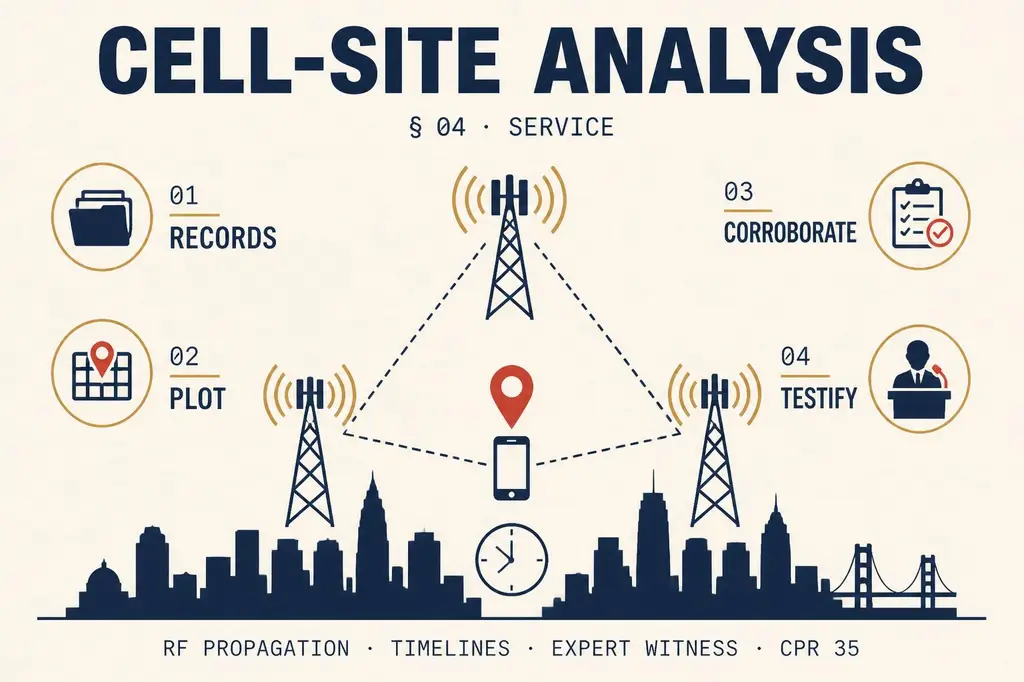 Cell-site analysis infographic: cell records, plotting, corroboration and expert-witness testimony under CPR 35.