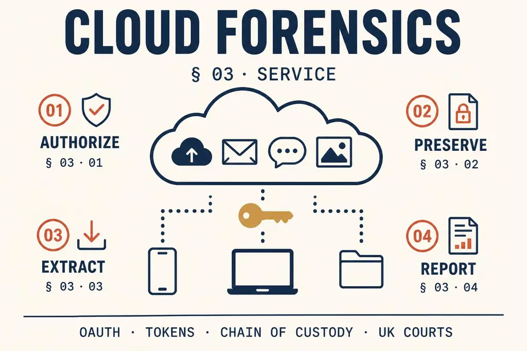 Cloud forensics infographic: authorise, preserve, extract and report evidence from cloud accounts under chain of custody.