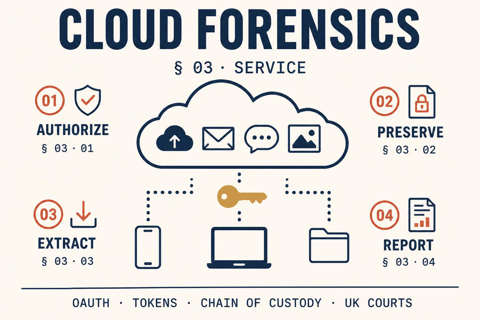 Cloud forensics infographic: authorise, preserve, extract and report evidence from cloud accounts under chain of custody.