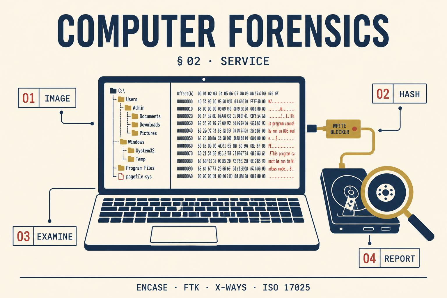 Computer forensics infographic: forensic imaging, hash verification and examination of laptops and hard drives with EnCase, FTK and X-Ways.