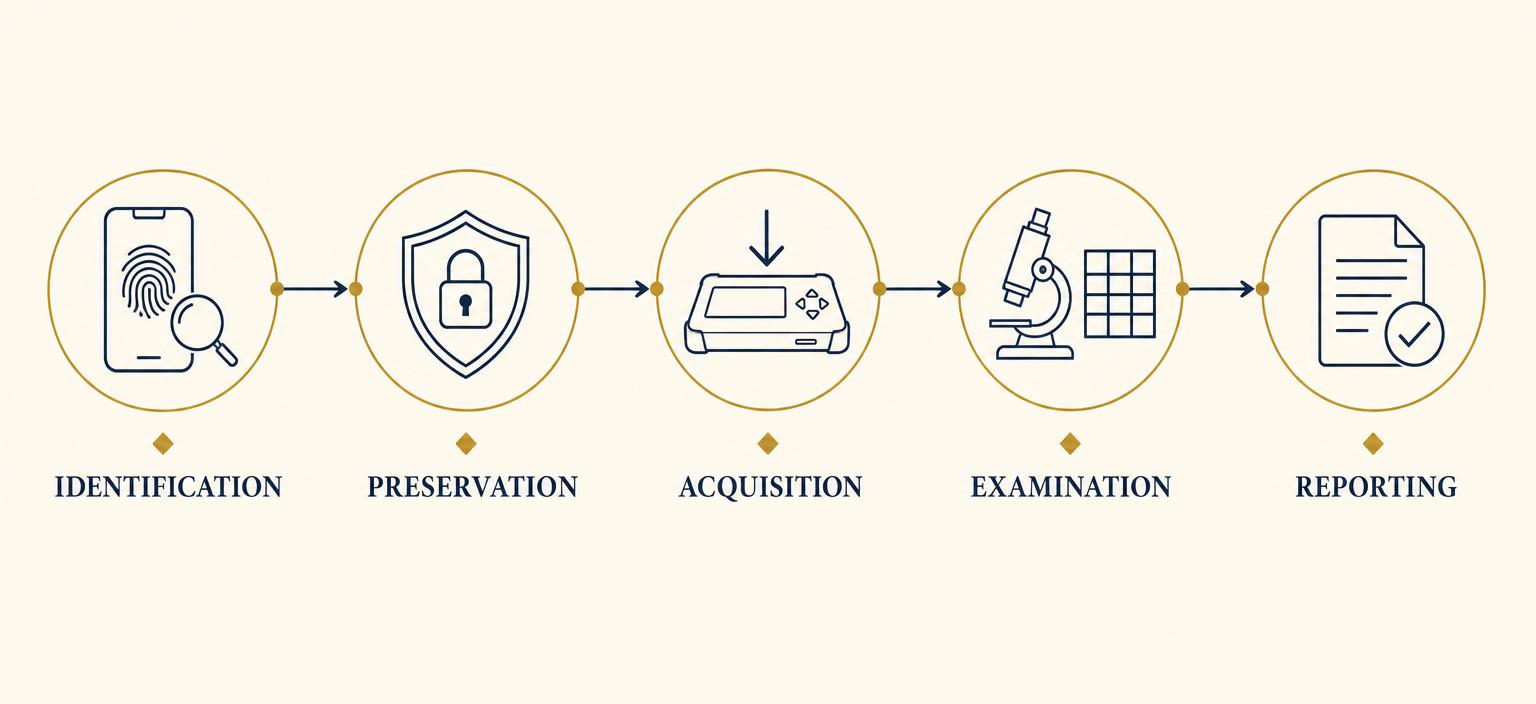 Mobile device forensics stages: Identification, Preservation, Acquisition, Examination, Reporting