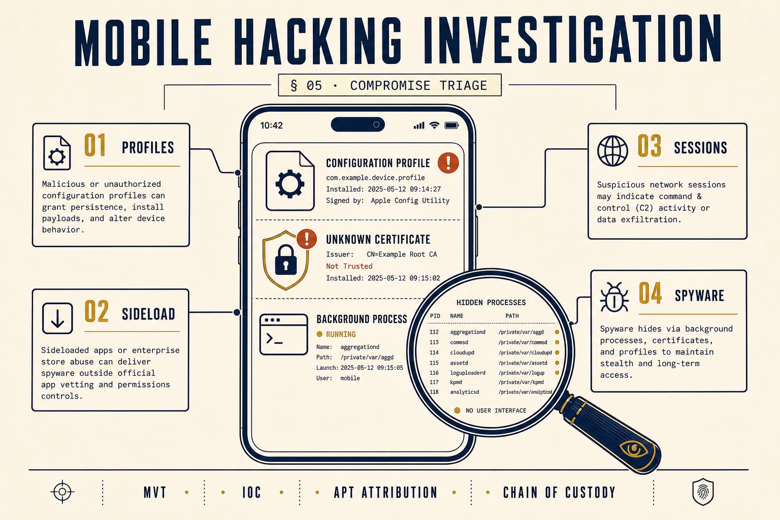Editorial infographic: smartphone under examination showing configuration profile, unknown certificate, and hidden background processes revealed by a magnifying glass.