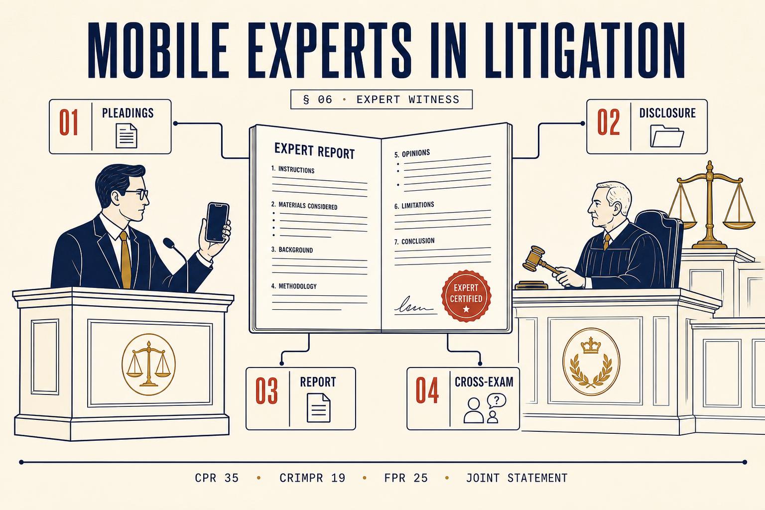 Editorial infographic: courtroom scene with mobile forensic expert in witness box, judge on the bench with gavel and scales, and an expert report between them.