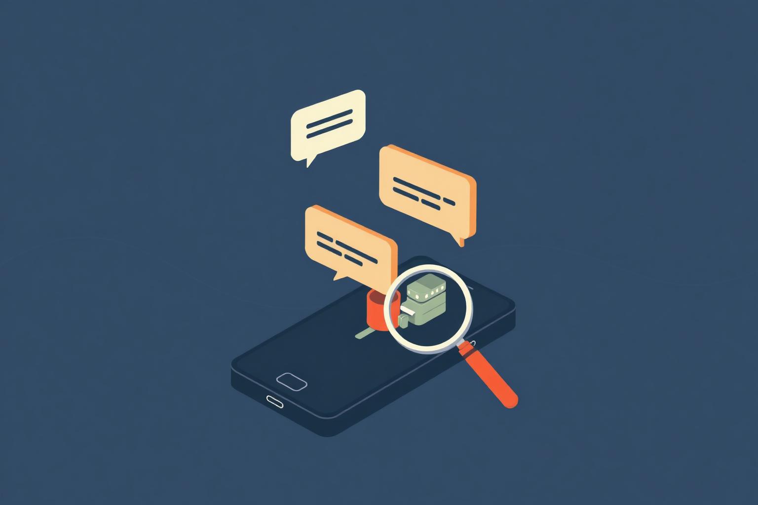 Flat-vector illustration: chat bubbles above a smartphone with a magnifying glass revealing hidden database metadata.